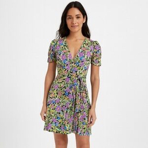 Zara Floral Wrap Mini Dress Short Sleeve Button Side Ruched Green Purple Size XS